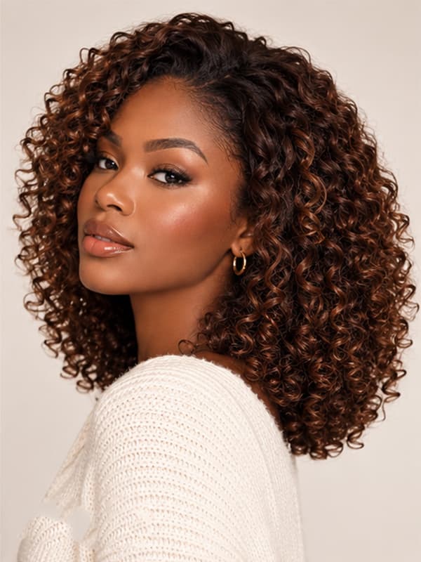 Glueless Brown Bouncy Curly Hair Shoulder Length Wear and Go Wig