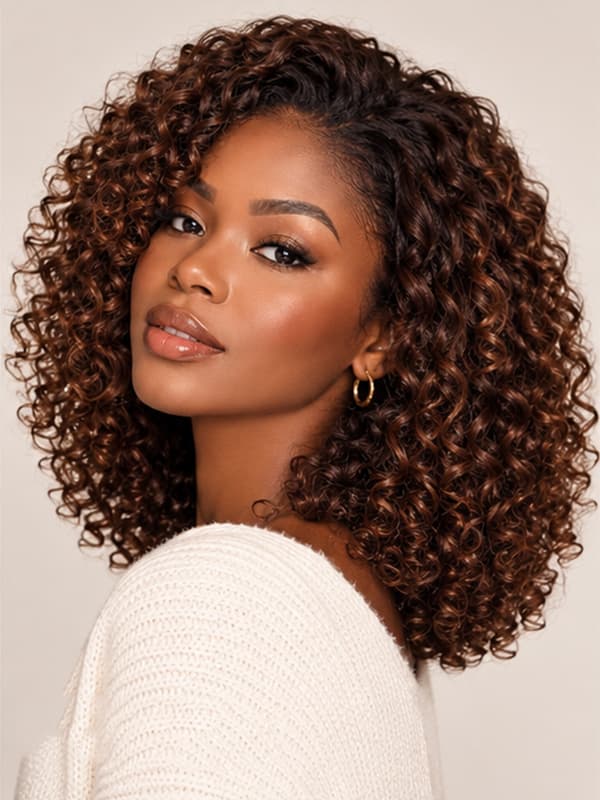 Glueless Brown Bouncy Curly Hair Shoulder Length Wear and Go Wig