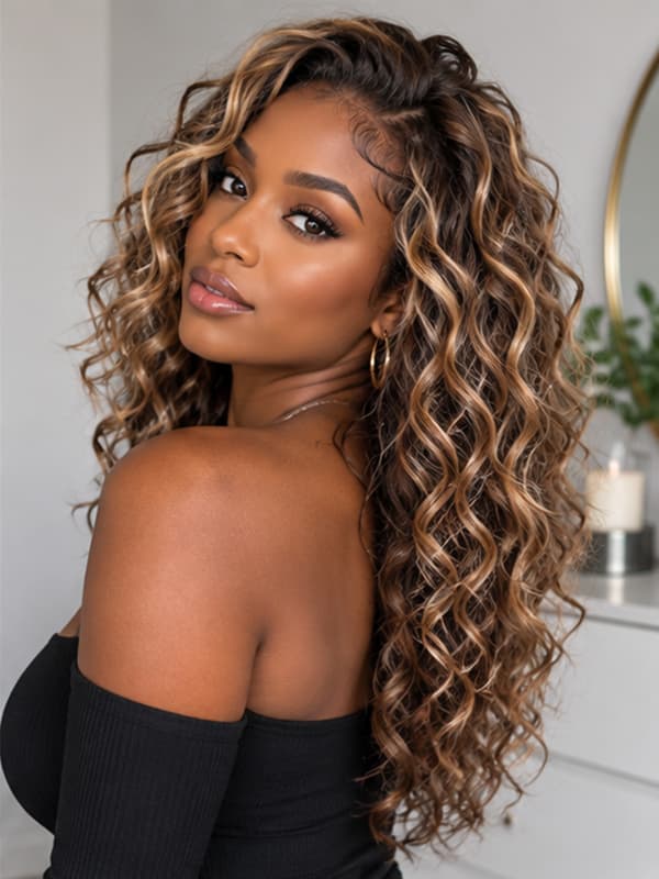 Glueless Brown with Blonde Highlight Bouncy Curly Wig