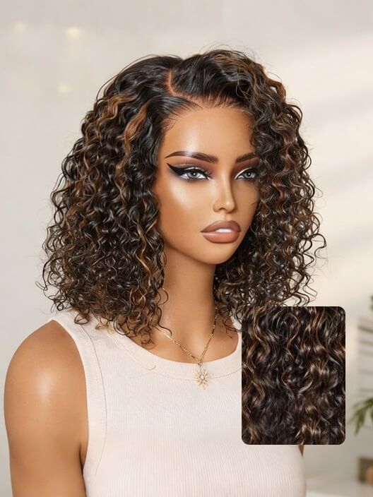 Glueless Caramel Highlight Curly Bob Wig
