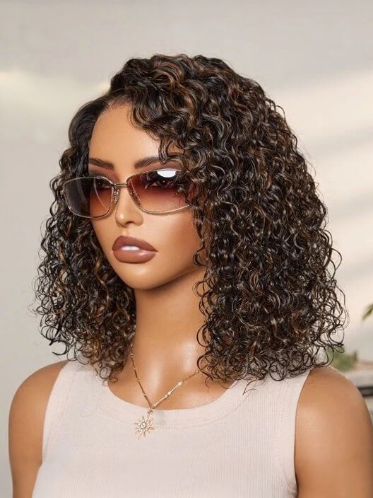 Glueless Caramel Highlight Curly Bob Wig