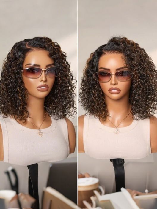 Glueless Caramel Highlight Curly Bob Wig