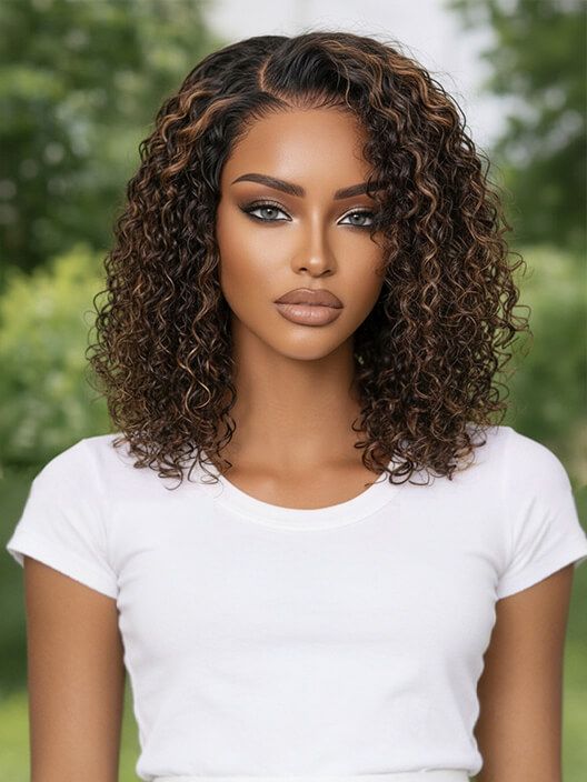 Glueless Caramel Highlight Curly Bob Wig