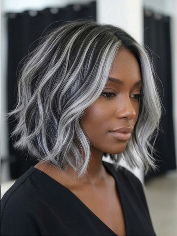 Glueless Salt And Pepper Layered Cut Straight Bob Wig Human Hair Wigs