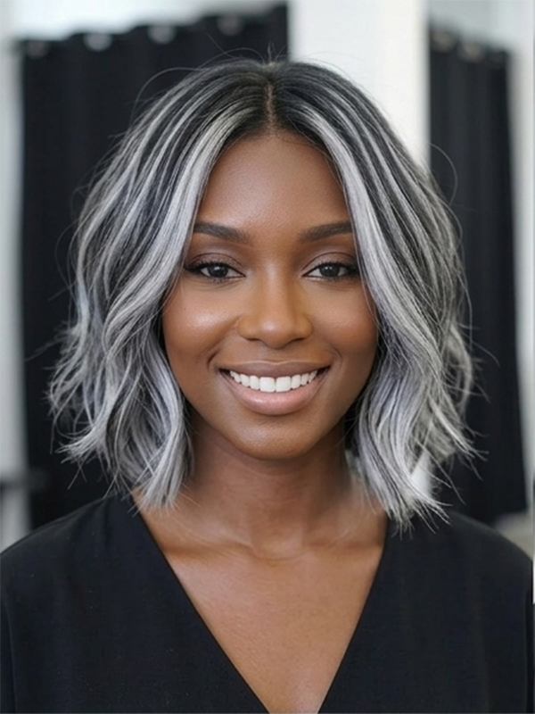 Glueless Salt And Pepper Layered Cut Straight Bob Wig Human Hair Wigs