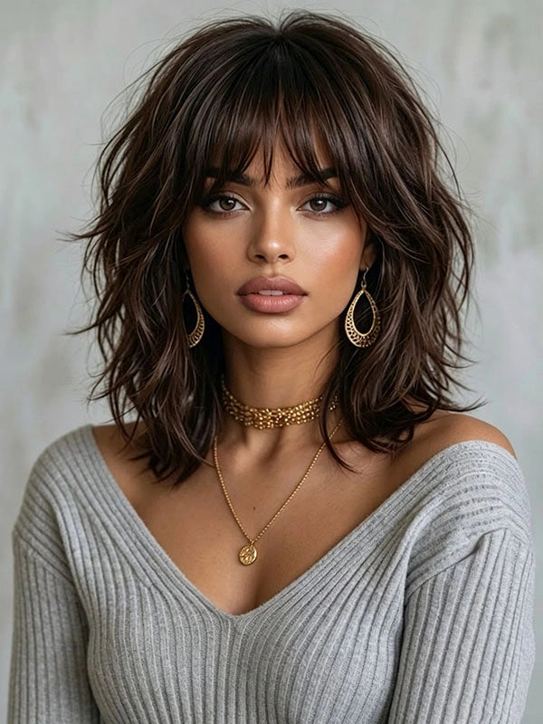 Glueless Body Wave Wig with Bangs Brown Wavy Bob Wig