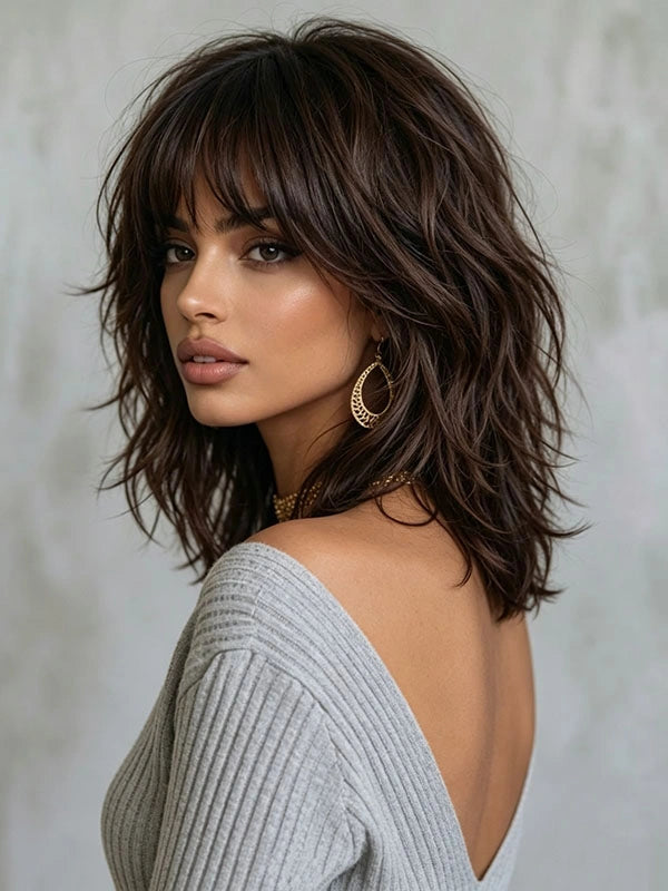 Glueless Body Wave Wig with Bangs Brown Wavy Bob Wig