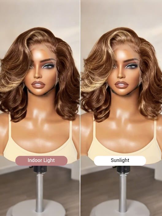 Golden Ombre Loose Wave Human Hair Medium Length Wig For Women
