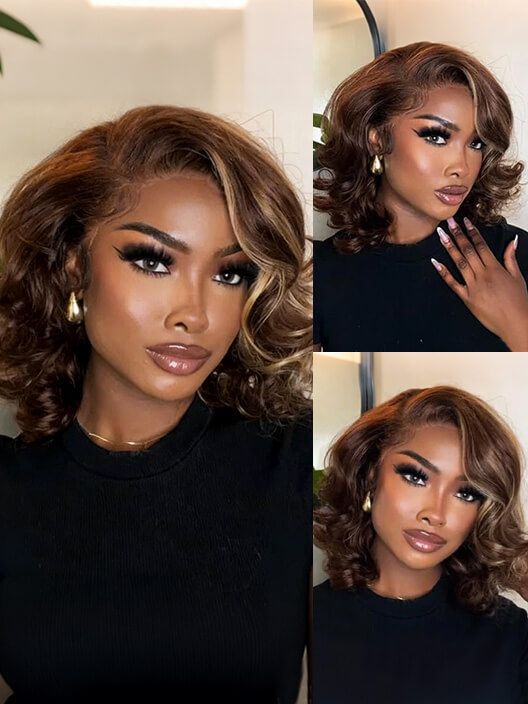 Golden Ombre Loose Wave Human Hair Medium Length Wig For Women