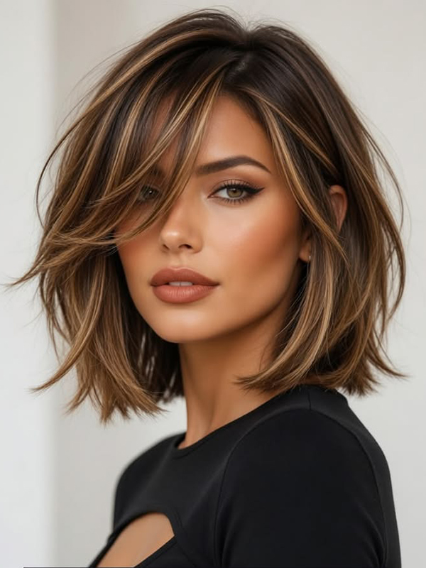 Layered Cut Bob Wigs With Bangs Blonde Highlight Human Hair Wigs