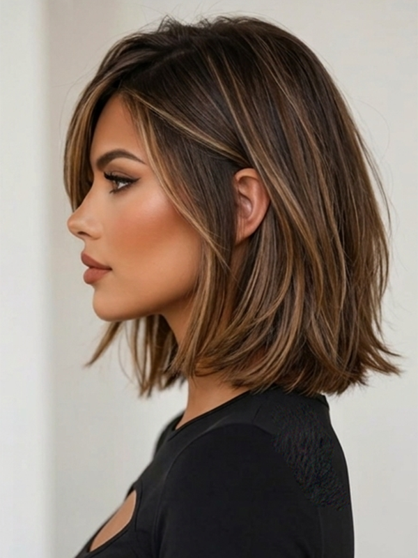 Layered Cut Bob Wigs With Bangs Blonde Highlight Human Hair Wigs