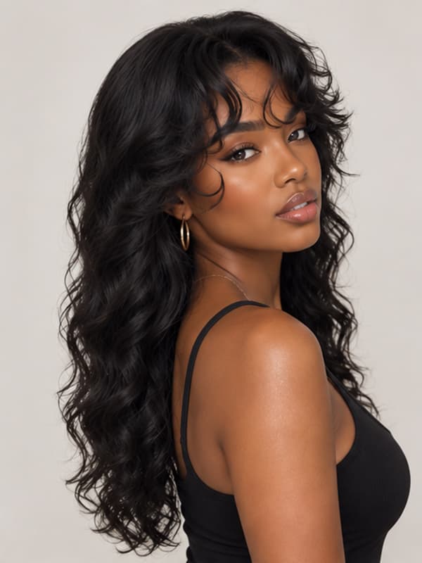 Light Weight Loose Curly Brown Bangs Wig Real Human Hair