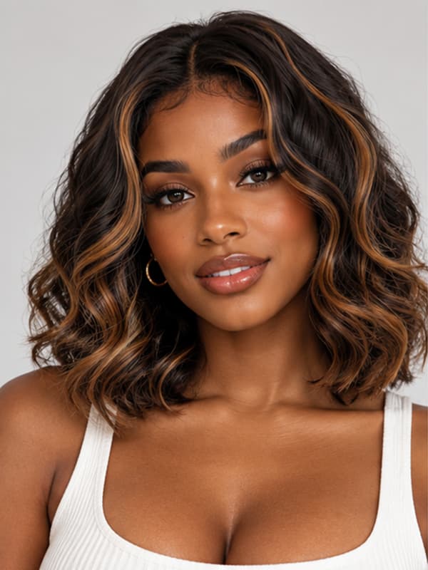 Middle Party Highlighted Short Wavy Glueless Bob Wig