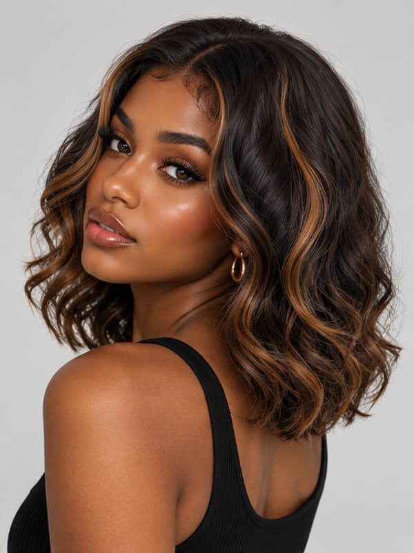 Middle Party Highlighted Short Wavy Glueless Bob Wig