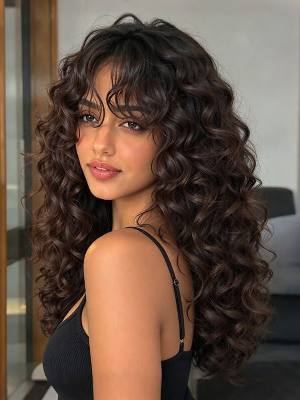 Natural Looking Long Curly Wig with Bangs For Party & Daily Wear