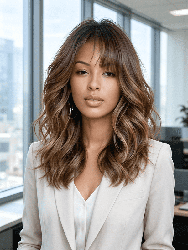 Pixie Cut Brown Wavy Wigs with Bangs Glueless Human Hair