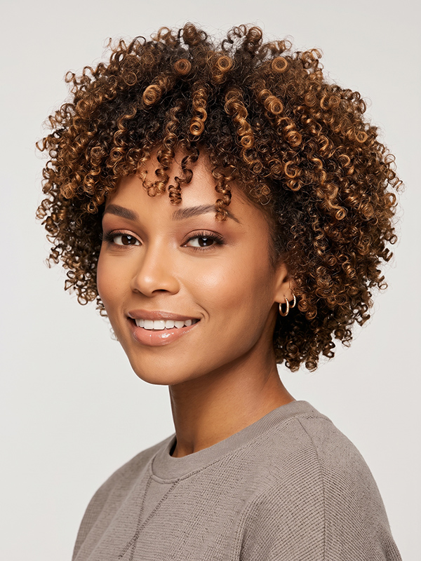 Short Curly Afro Wig with Honey Brown Highlights