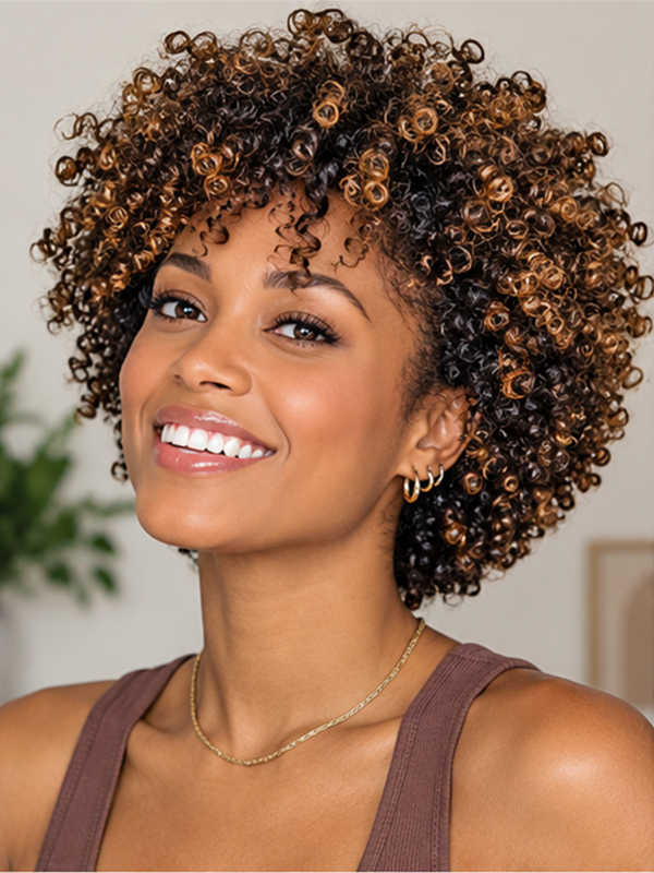 Short Curly Afro Wig with Honey Brown Highlights