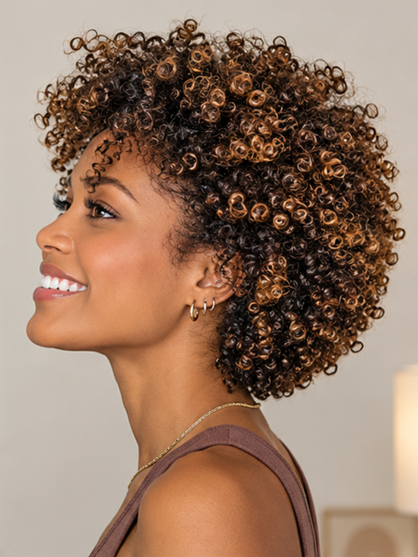 Short Curly Afro Wig with Honey Brown Highlights