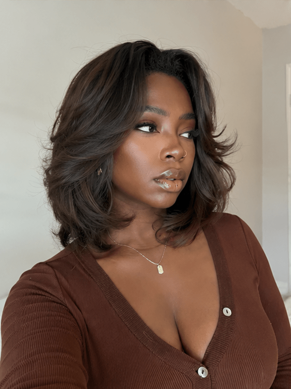 Short Layered Bob Wig Human Hair Glueless – Fluffy Curtain Bang Bob Wig With Natural Volume For Women