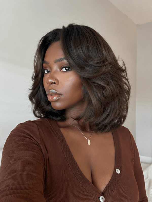 Short Layered Bob Wig Human Hair Glueless – Fluffy Curtain Bang Bob Wig With Natural Volume For Women
