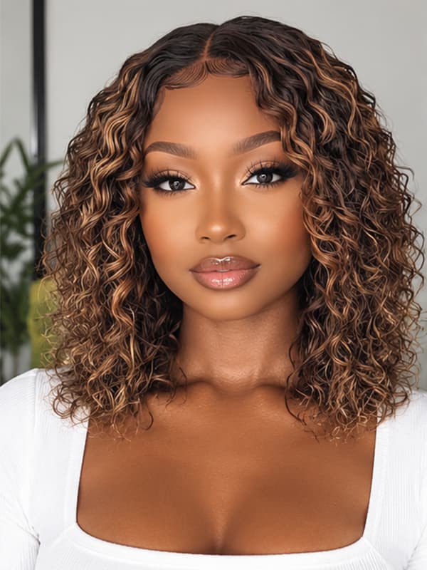Shoulder Length Highlighted Curly Wig with Caramel Brown Highlights