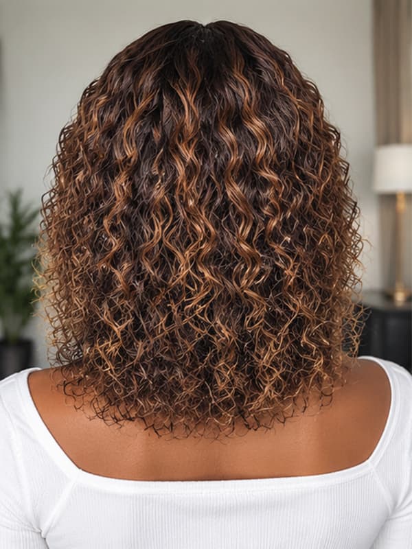 Shoulder Length Highlighted Curly Wig with Caramel Brown Highlights