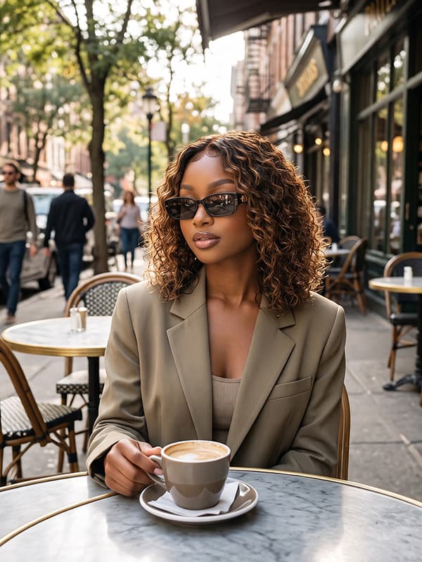 Shoulder Length Highlighted Curly Wig with Caramel Brown Highlights