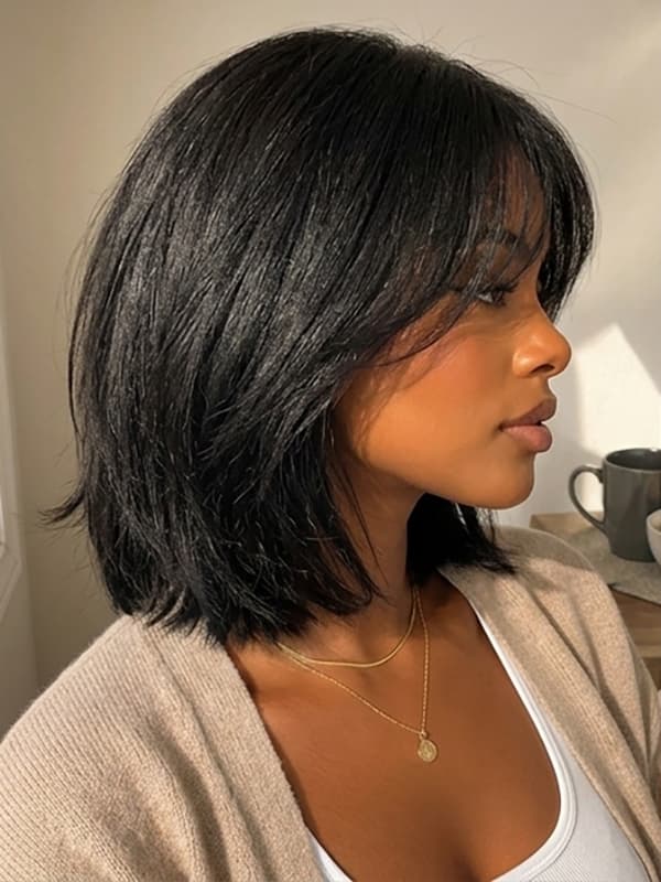 Soft Straight Bob with Curtain Bangs Glueless Human Hair Wigs