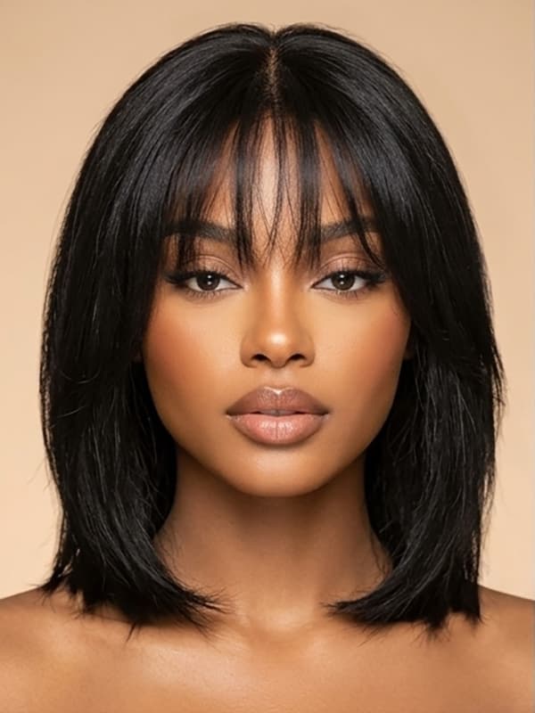 Soft Straight Bob with Curtain Bangs Glueless Human Hair Wigs