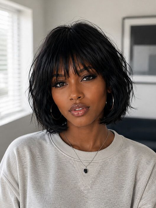 Wear and Go Bangs Short Wig Machine Made Real Human Hair Wigs