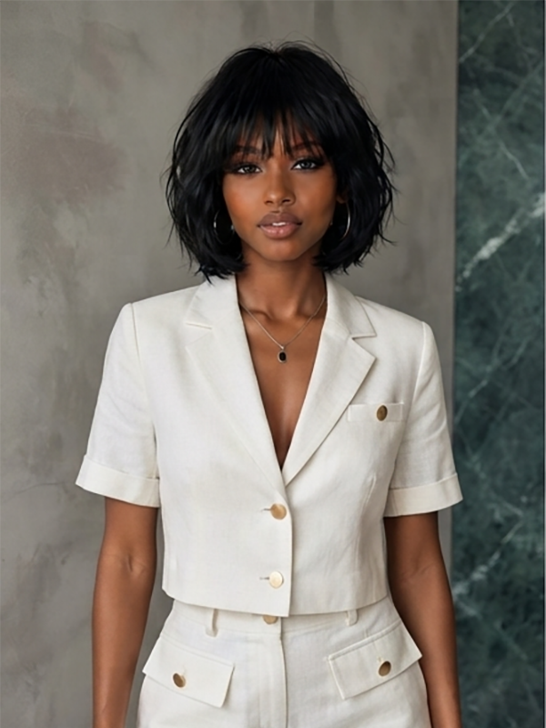 Wear and Go Bangs Short Wig Machine Made Real Human Hair Wigs