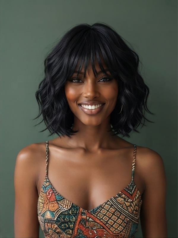Wear and Go Bangs Short Wig Machine Made Real Human Hair Wigs