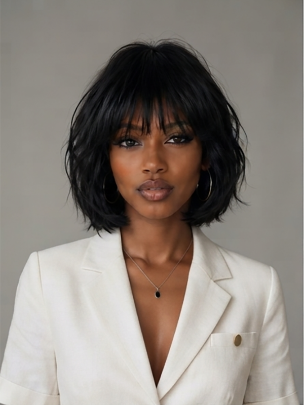 Wear and Go Bangs Short Wig Machine Made Real Human Hair Wigs