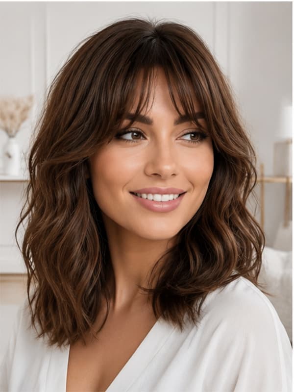 Wear and Go Bangs Wavy Hair Highlight Brown Body Wave Wig