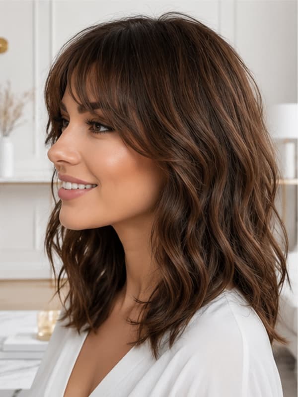 Wear and Go Bangs Wavy Hair Highlight Brown Body Wave Wig