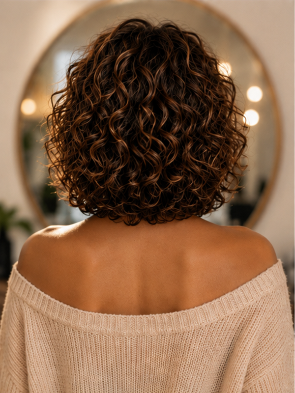 Wear and Go Blonde Highlight Brown Bouncy Curly Hair Glueless Short Human Hair Wigs