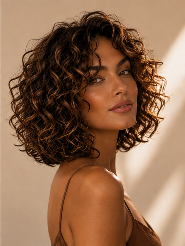Wear and Go Blonde Highlight Brown Bouncy Curly Hair Glueless Short Human Hair Wigs