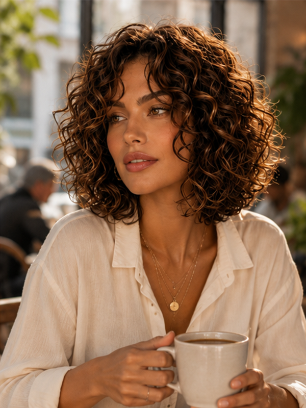 Wear and Go Blonde Highlight Brown Bouncy Curly Hair Glueless Short Human Hair Wigs