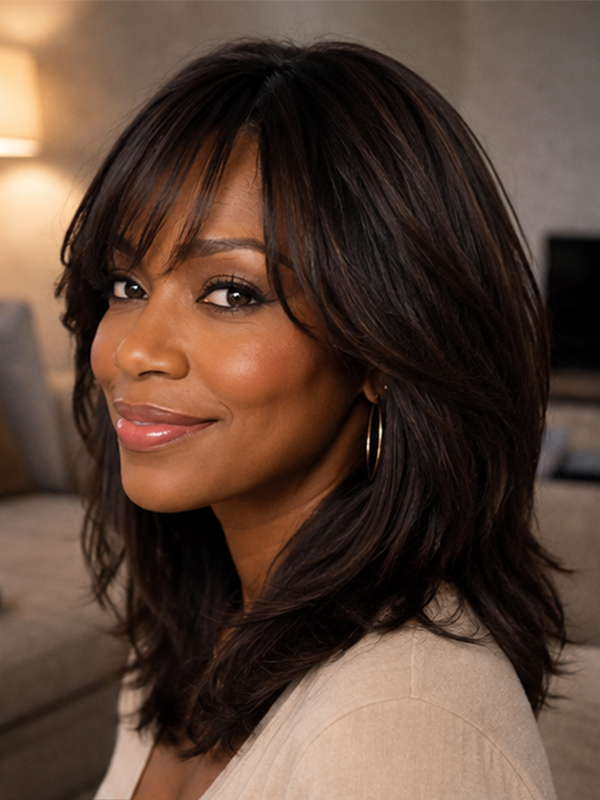 Wear & Go Layered Body Wave Wig With Bangs Drawstring Human Hair Wig