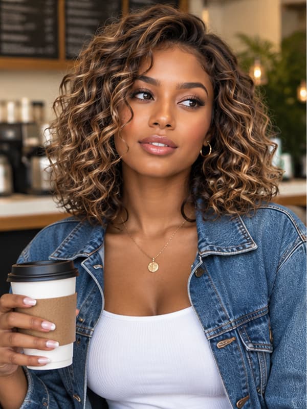 Wear and Go Caramel Balayage Highlight Short Curly Bob Human Hair Wig