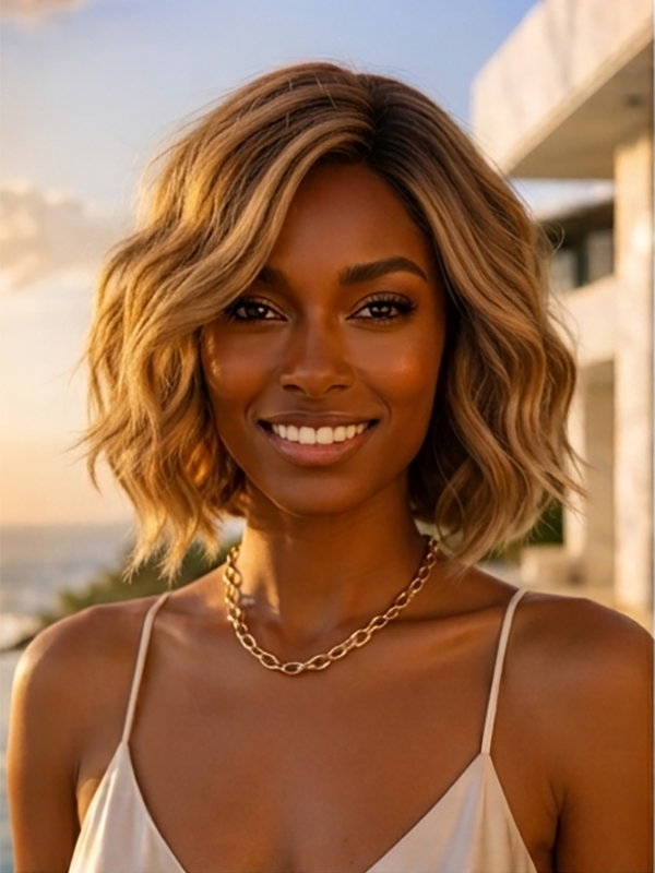 Wear and Go Wigs Blonde Highlight Wavy Pixie Cut Human Hair Wigs