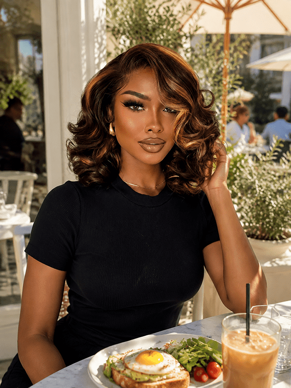 Golden Ombre Loose Wave Human Hair Medium Length Wig For Women