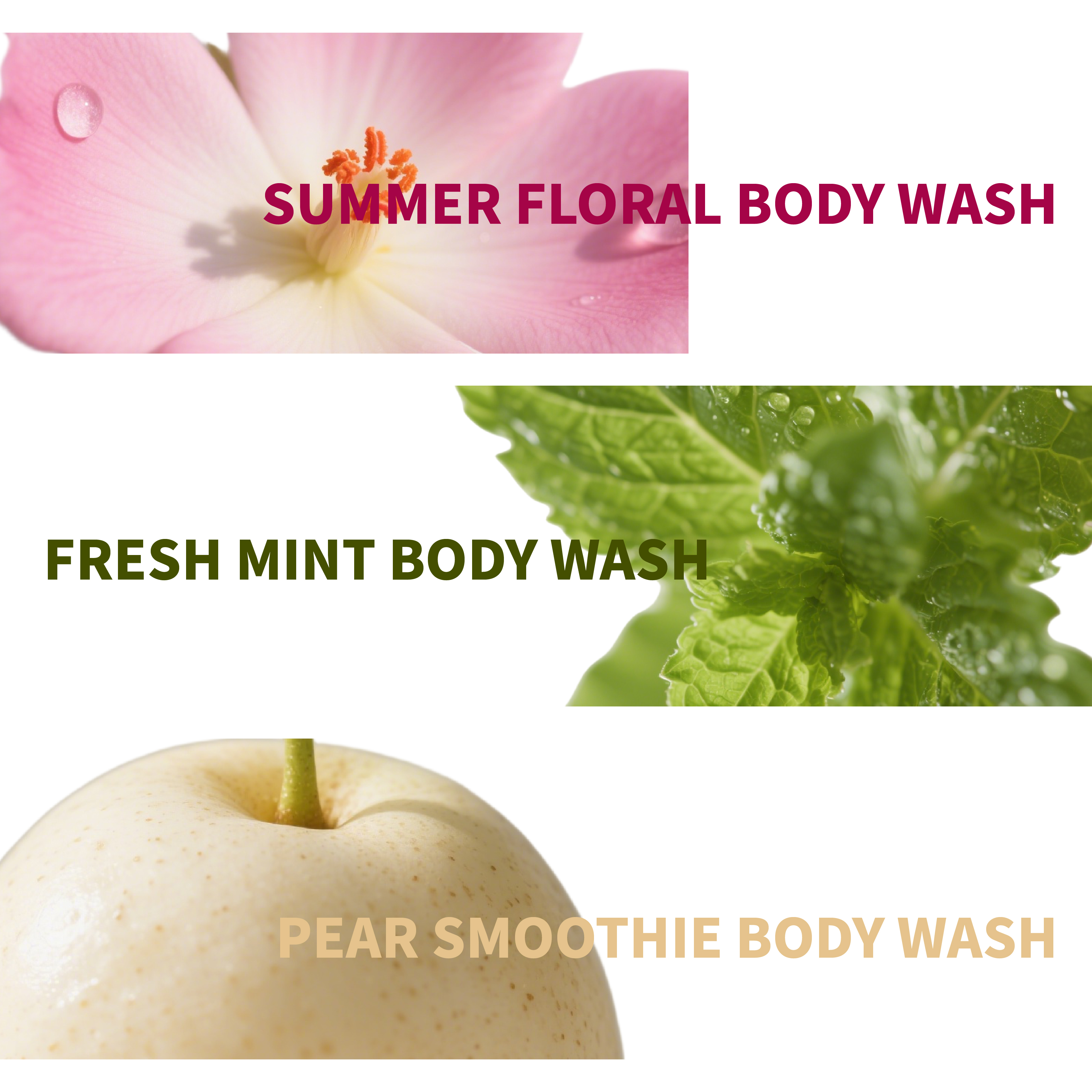 3PCS Long-Lasting Body Fragrance Body Wash Set - Fresh Mint, Pear Smoothie, Summer Floral