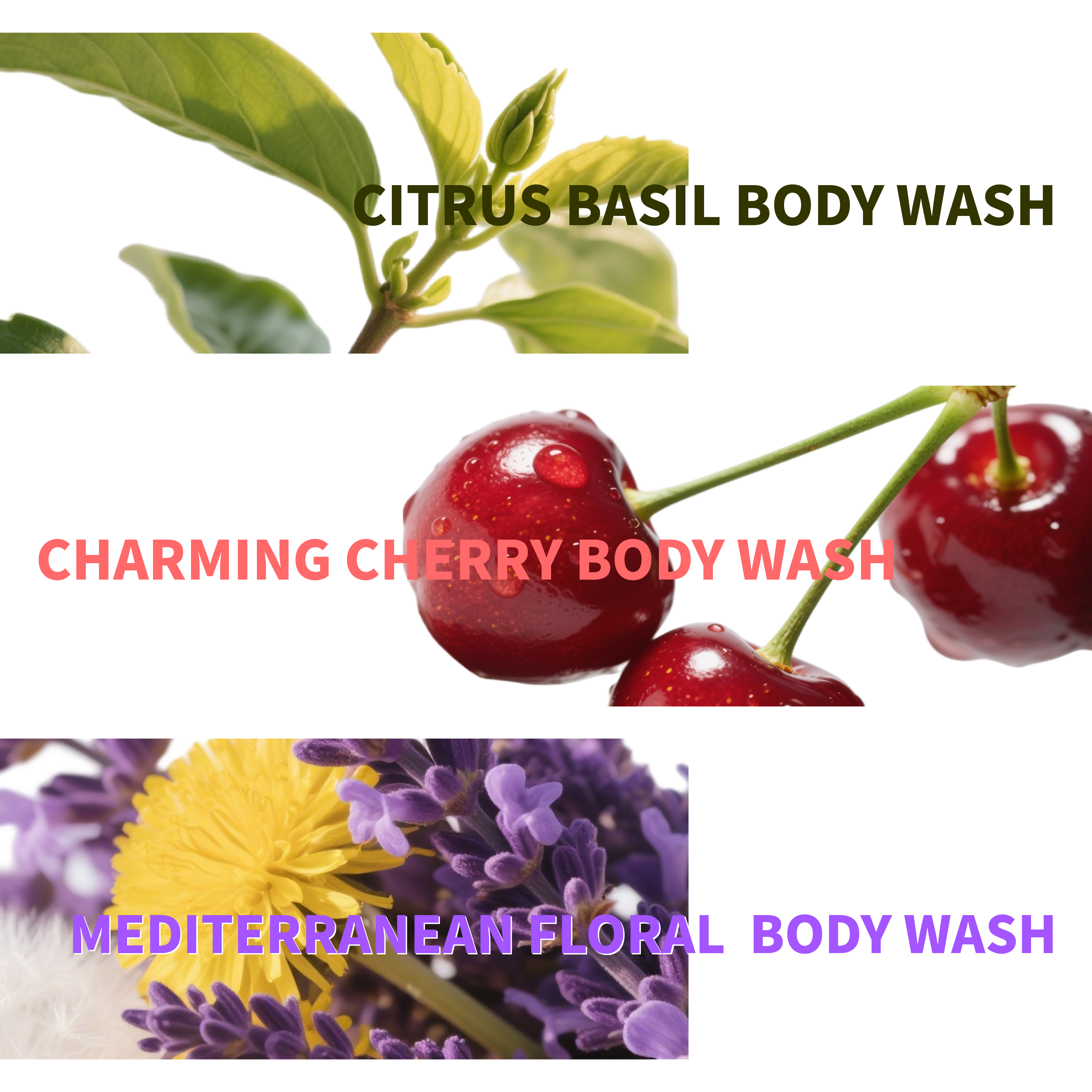3PCS Long-Lasting Body Fragrance Body Wash Set - Mediterranean Floral, Charming Cherry, Citrus Basil