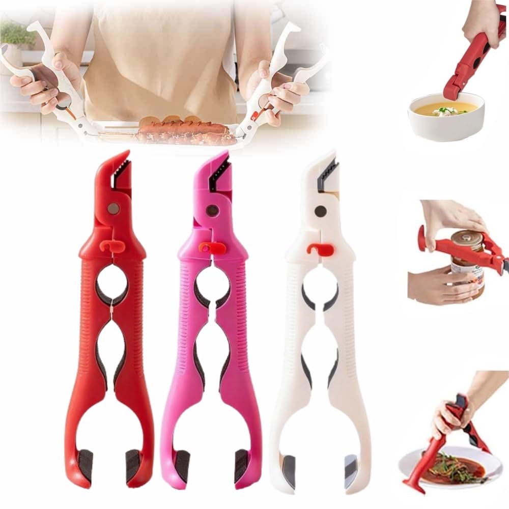 3-in-1 Dual-Head Silicone Hot Plate Gripper Tongs, Compact Heat-Resistant Non-Slip Kitchen Utensils with Locking Handle, Anti-Scald Tool for Hot Dishes, Jars & Storage Trays