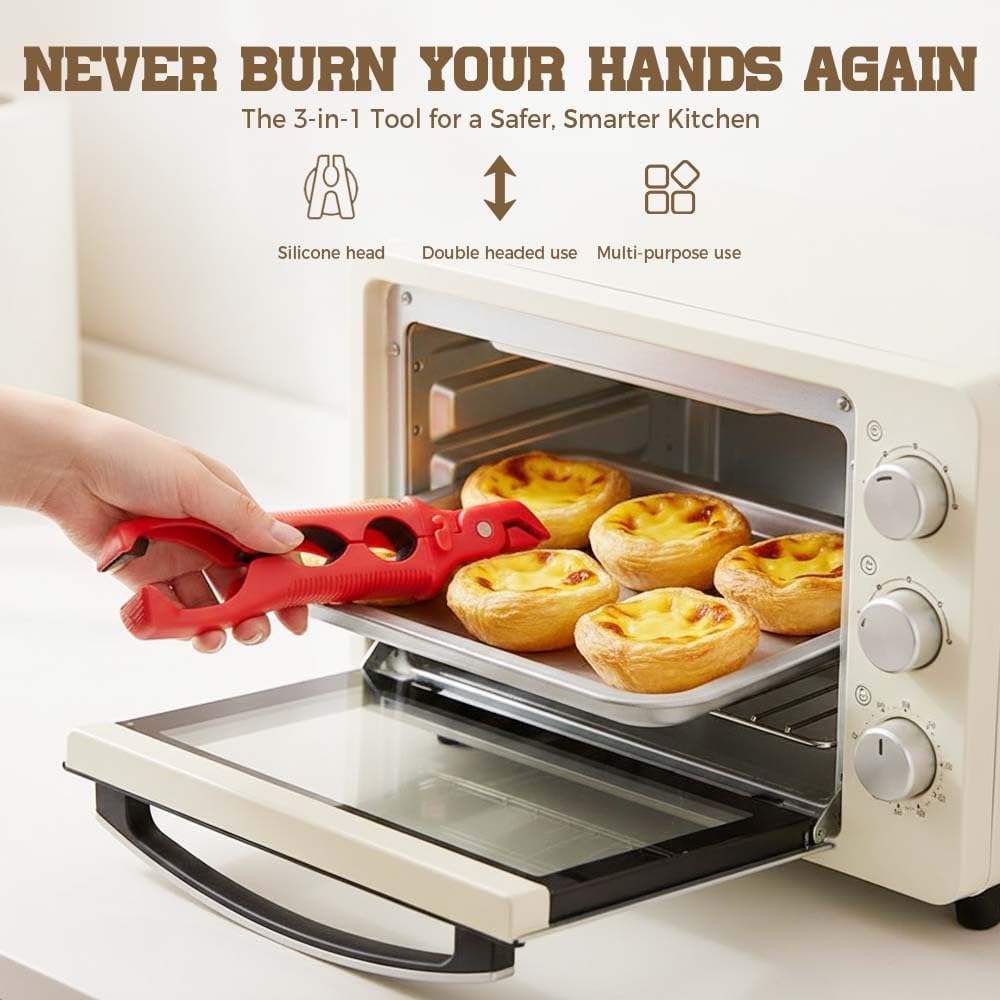 3-in-1 Dual-Head Silicone Hot Plate Gripper Tongs, Compact Heat-Resistant Non-Slip Kitchen Utensils with Locking Handle, Anti-Scald Tool for Hot Dishes, Jars & Storage Trays