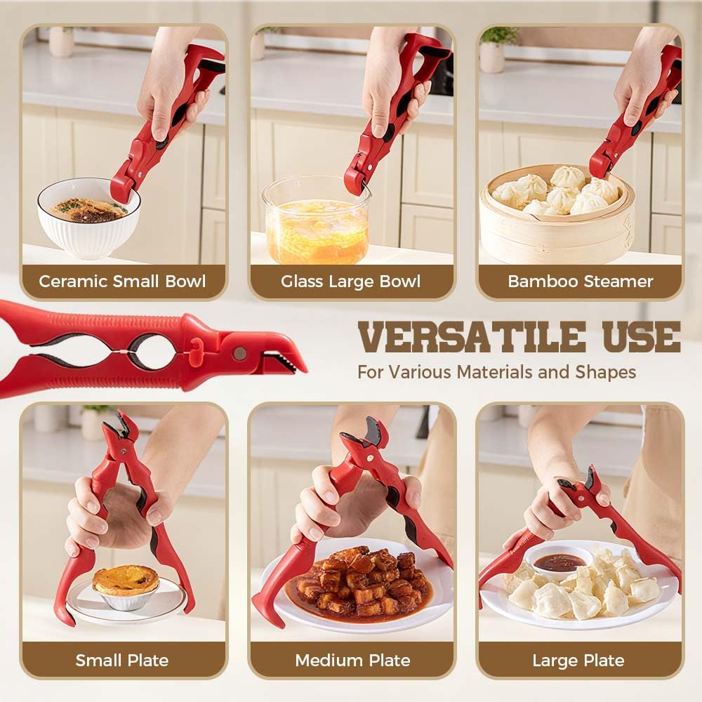 3-in-1 Dual-Head Silicone Hot Plate Gripper Tongs, Compact Heat-Resistant Non-Slip Kitchen Utensils with Locking Handle, Anti-Scald Tool for Hot Dishes, Jars & Storage Trays