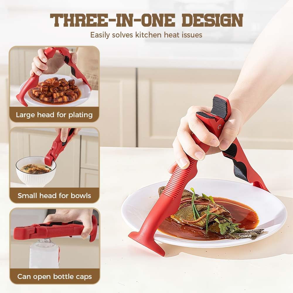 3-in-1 Dual-Head Silicone Hot Plate Gripper Tongs, Compact Heat-Resistant Non-Slip Kitchen Utensils with Locking Handle, Anti-Scald Tool for Hot Dishes, Jars & Storage Trays