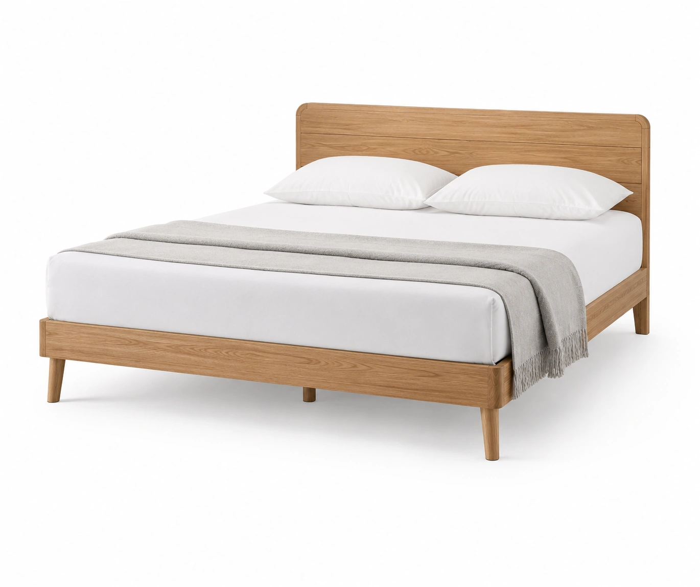 Cama moderna de madera clara con cabecera tapizada-hemboria